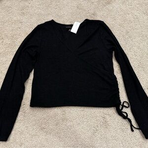 NWT American Eagle Womens Long Sleeve Wrap Shirt Side Tie Ribbed Black Sz Medium